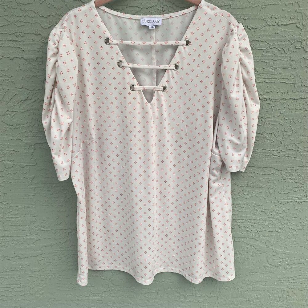 Luxology Women's 2XL Multicolor V-Neck 3/4 Sleeve Lace-Up Blouse